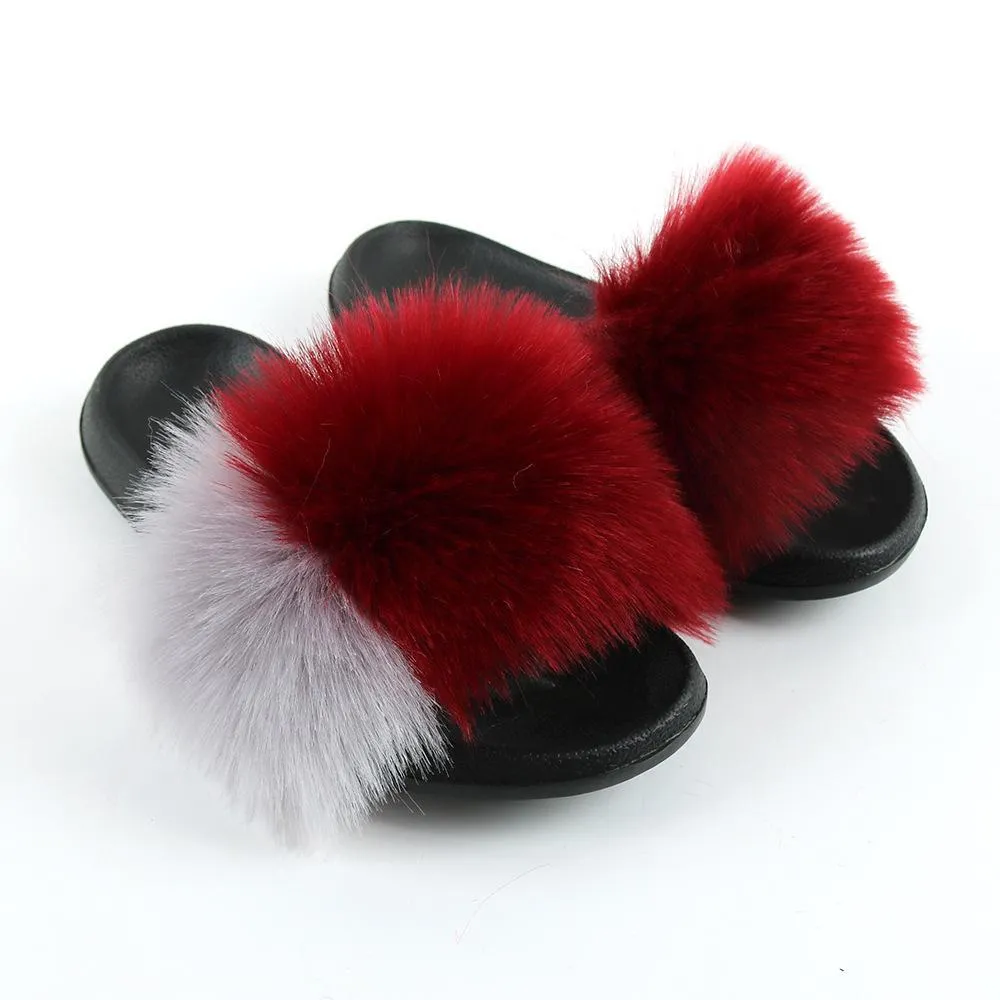 Chicvane Girls Color Block Faux Fur Open Toe Fluffy Flat Sleeper Slides Fuzzy Bunny Slippers