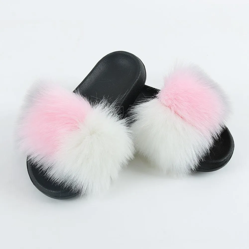 Pretty You Slippers Chicvane Girls Color Block Faux Fur Open Toe Fluffy Flat Sleeper Slides