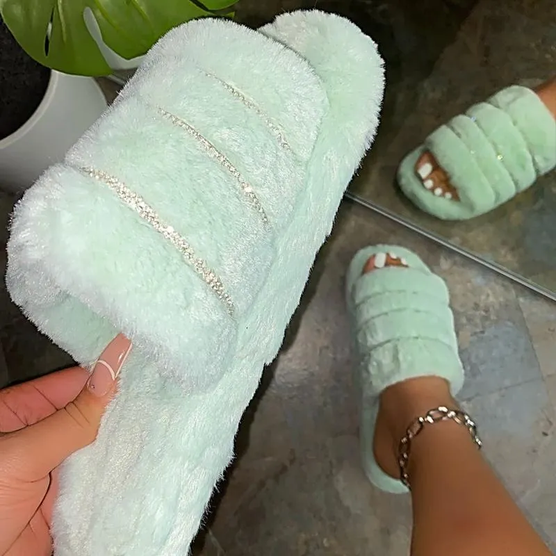 Chicvane Rhinestone Faux Fur Open Toe Fluffy Flat Slide Sleeper For Women Planters Fasciitis Slippers