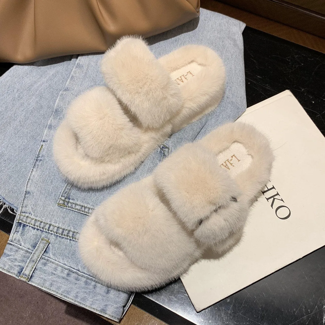 Uwabaki Slippers Chicvane Women's Two Bands Faux Fur Platform House Indoor Or Outdoor Slippers