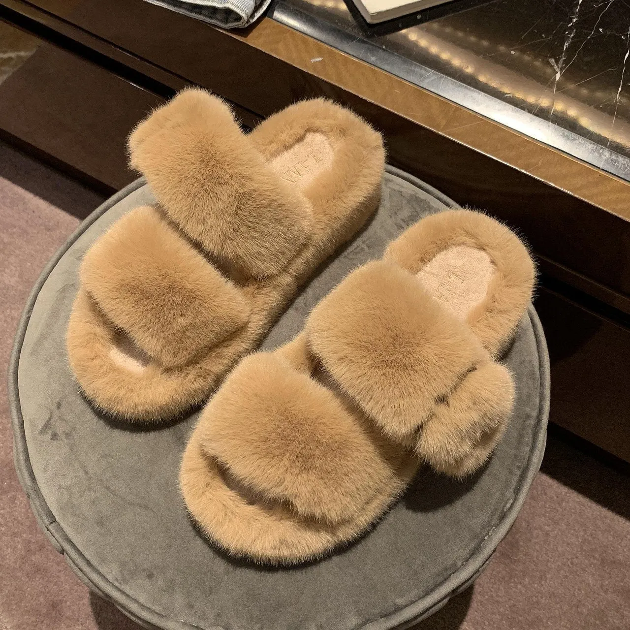 Slippers Asuna Chicvane Women's Two Bands Faux Fur Platform House Indoor Or Outdoor Slippers