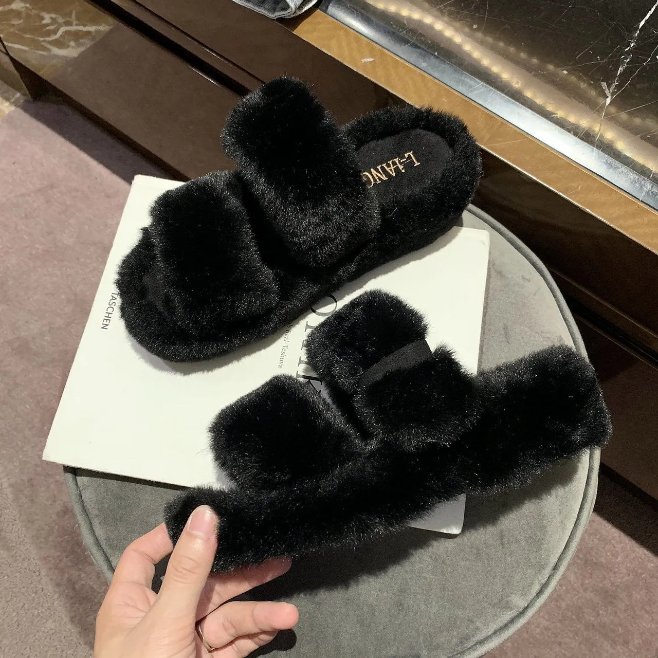 Chicvane Women's Two Bands Faux Fur Platform House Indoor Or Outdoor Slippers Finn And Jake Slippers