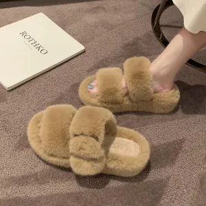 Chicvane Women's Two Bands Faux Fur Platform House Indoor Or Outdoor Slippers Subu Slippers