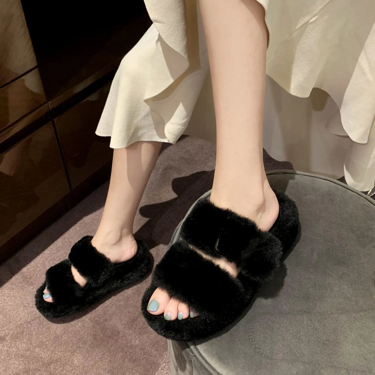 Ugg Leather Slippers Chicvane Women's Two Bands Faux Fur Platform House Indoor Or Outdoor Slippers