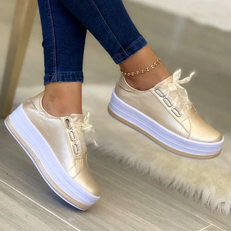 Chunky platform round toe lace-up sneakers shoes for women Sneakers Leather Slip On