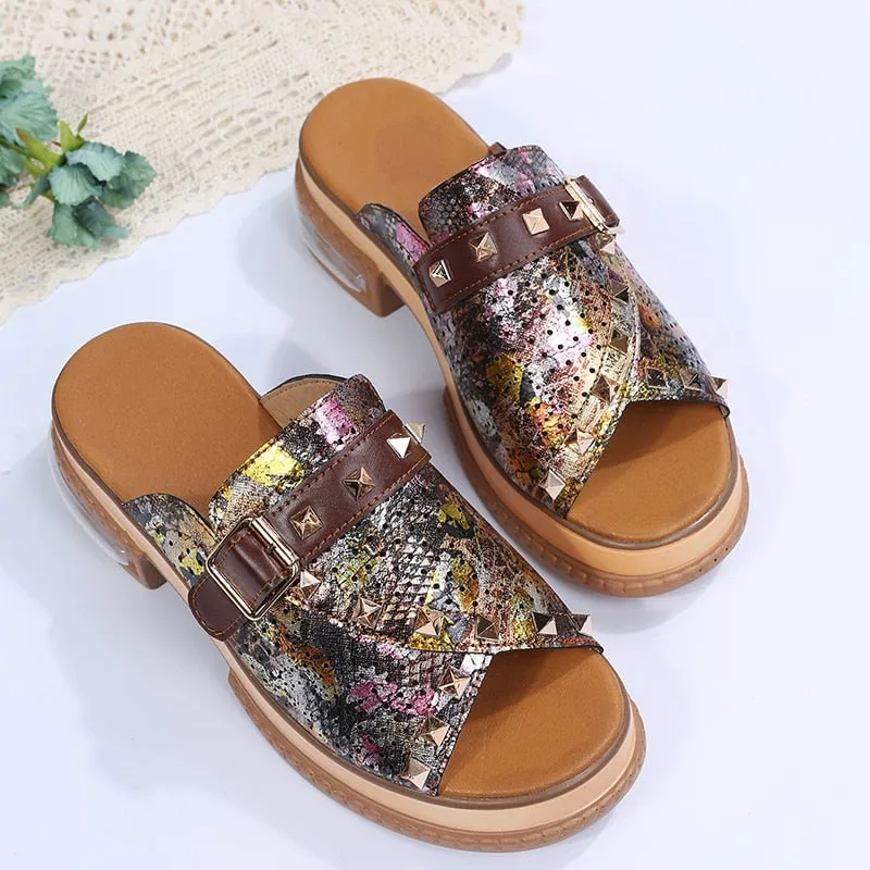 Bjlxn Woman Platform Slippers Fashion Leather Shoes Summer Casual Ladies' Slippers Causal Rivets Women' Slippers Plus Size Sewing Pattern Slippers
