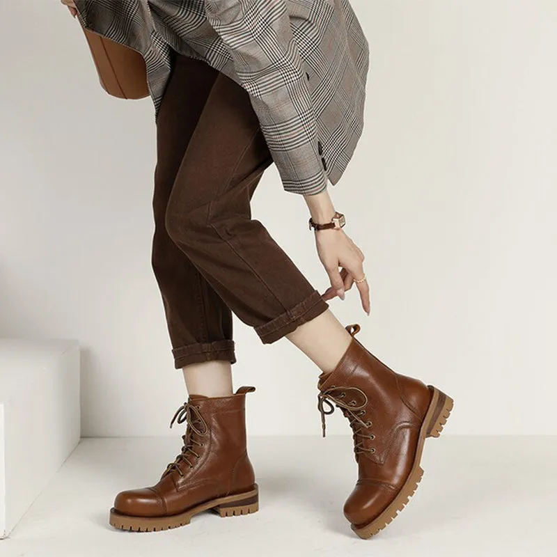 Women's Handmade High Lace-up Boot All Genuine Leather in Light Tan/Dark Brown Brogues Oxfords