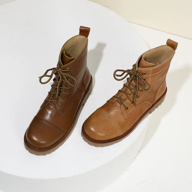 Women's Handmade High Lace-up Boot All Genuine Leather in Light Tan/Dark Brown Brogue Shoes Vs Oxford