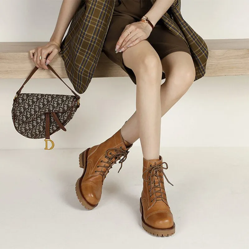 Heeled Leather Oxfords Women's Handmade High Lace-up Boot All Genuine Leather in Light Tan/Dark Brown