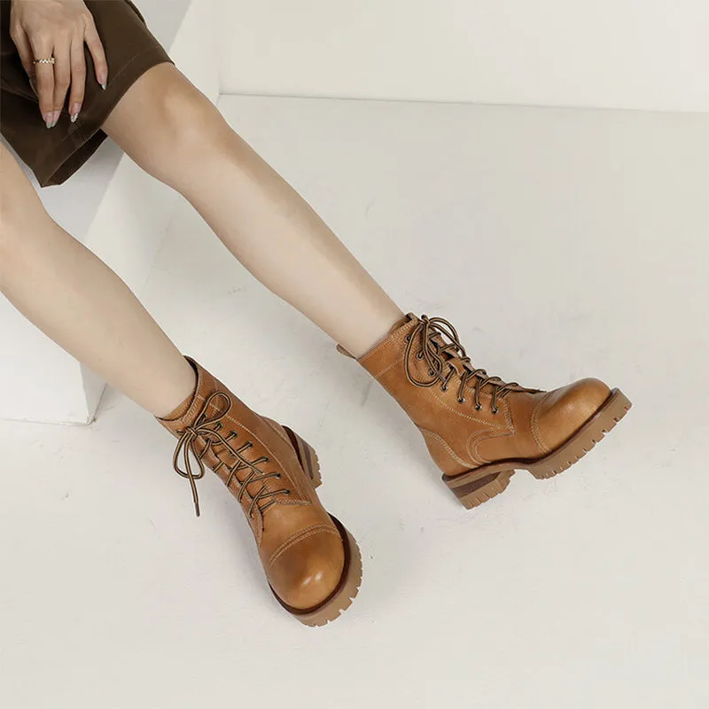 Women's Handmade High Lace-up Boot All Genuine Leather in Light Tan/Dark Brown Dainty Lace Oxfords