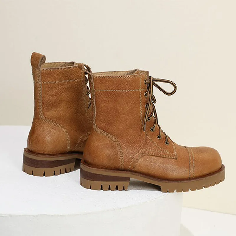 Original Grand 2.0 Oxfords Women's Handmade High Lace-up Boot All Genuine Leather in Light Tan/Dark Brown