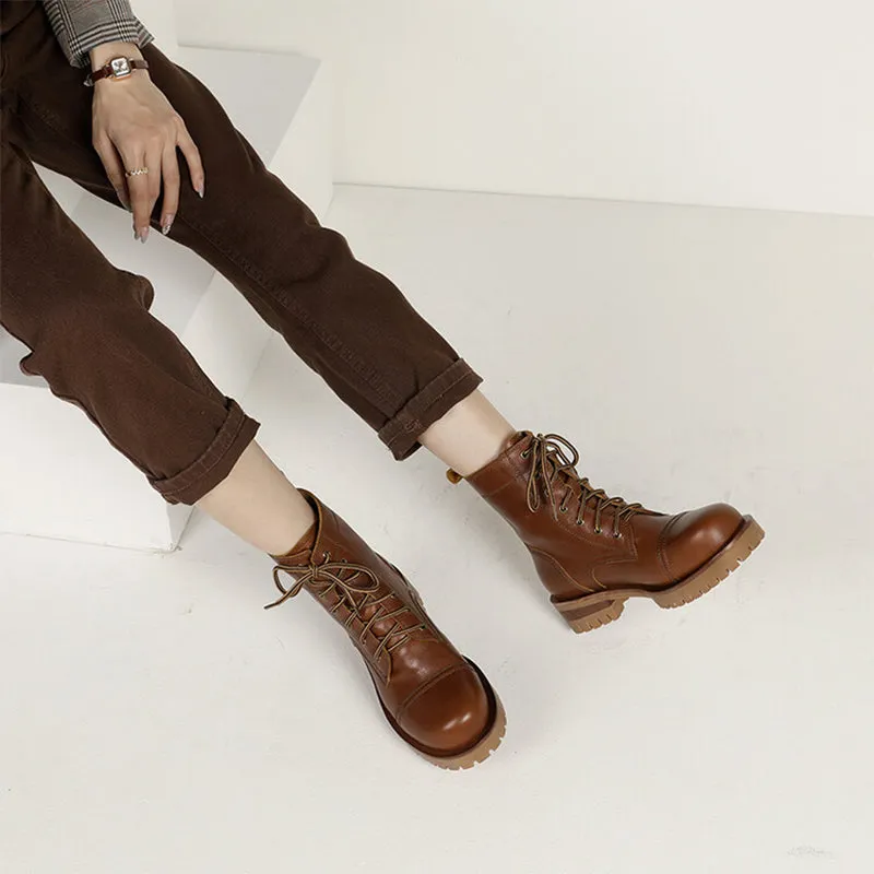 Women's Handmade High Lace-up Boot All Genuine Leather in Light Tan/Dark Brown Top Rated Oxford Shoes