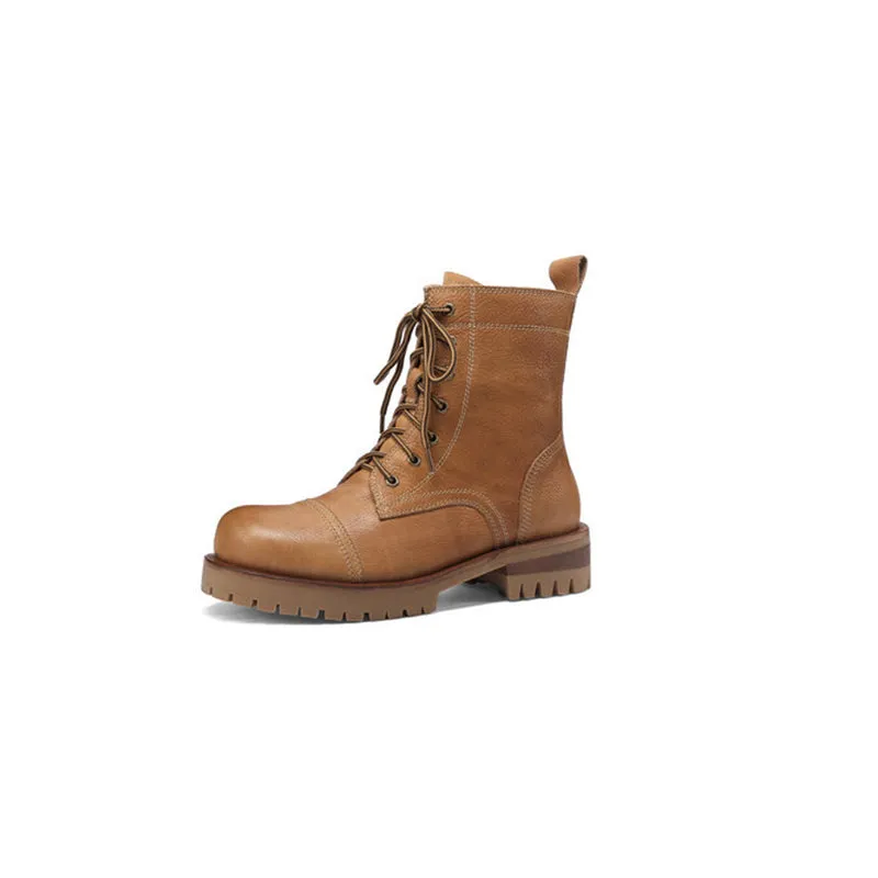 Women's Handmade High Lace-up Boot All Genuine Leather in Light Tan/Dark Brown Carmina Oxfords