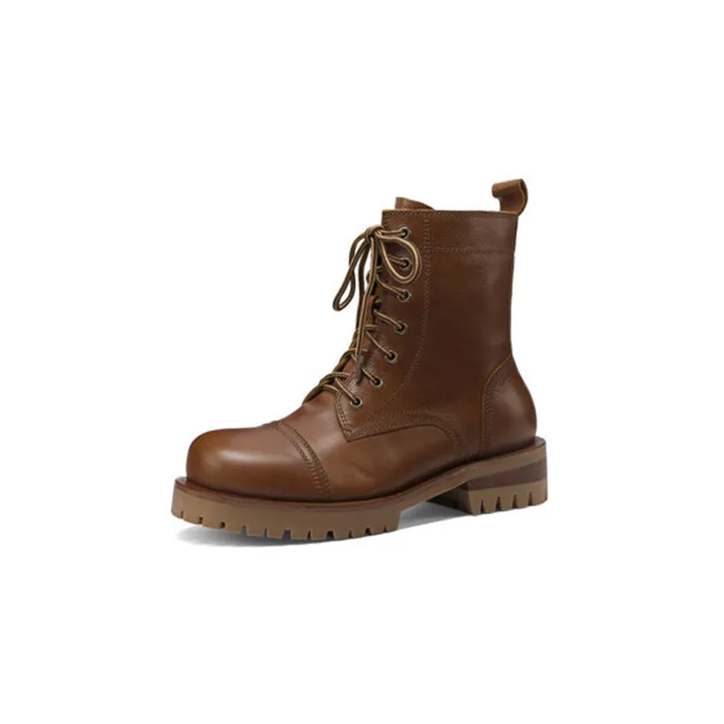 Women's Handmade High Lace-up Boot All Genuine Leather in Light Tan/Dark Brown Chinos And Oxfords