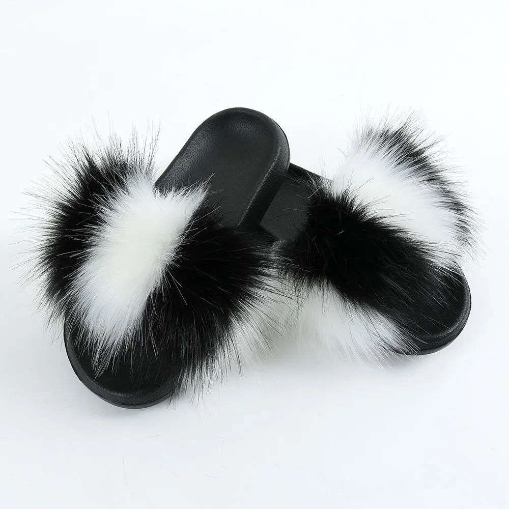 Abound Slippers Chicvane Striped Color Block Faux Fur Open Toe Fluffy Flat Sleeper Slides For Girls