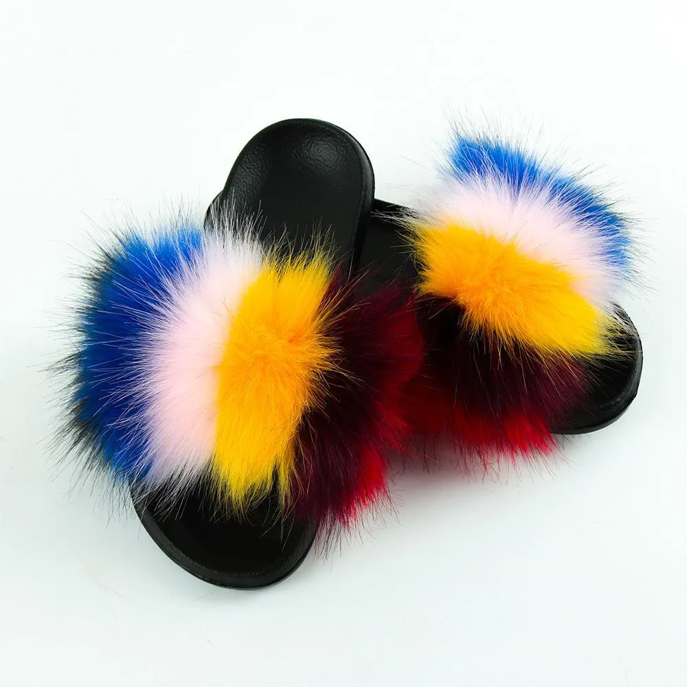 Chicvane Striped Color Block Faux Fur Open Toe Fluffy Flat Sleeper Slides For Girls Roxoni Slippers