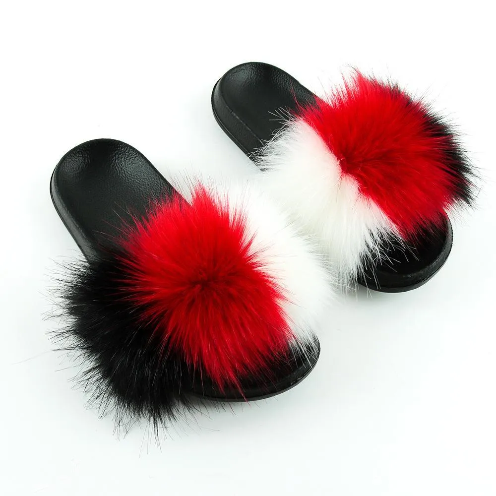 Chicvane Striped Color Block Faux Fur Open Toe Fluffy Flat Sleeper Slides For Girls Best Slippers For Wide Feet