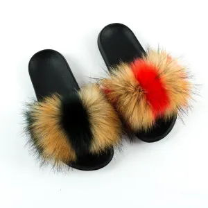 Chicvane Striped Color Block Faux Fur Open Toe Fluffy Flat Sleeper Slides For Girls Extra Wide Diabetic Slippers
