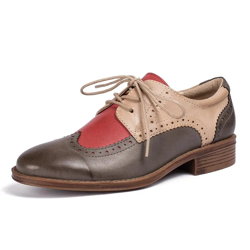 Womens Wingtip Shoes Handmade Sheepskin Full Brogues Oxfords & Tie Flats Color Blocking 1461 Smooth Leather Oxford Shoes