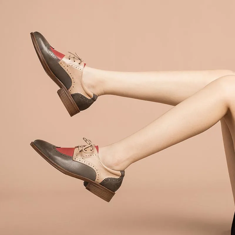 Womens Wingtip Shoes Handmade Sheepskin Full Brogues Oxfords & Tie Flats Color Blocking Original Grand Oxford