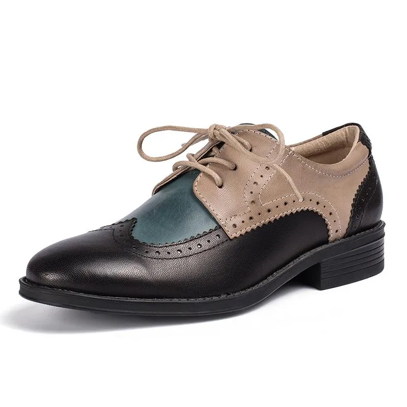 Womens Wingtip Shoes Handmade Sheepskin Full Brogues Oxfords & Tie Flats Color Blocking High Instep Oxfords
