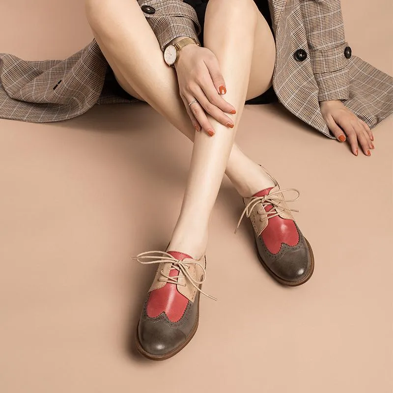 Damian Dress Oxfords Womens Wingtip Shoes Handmade Sheepskin Full Brogues Oxfords & Tie Flats Color Blocking