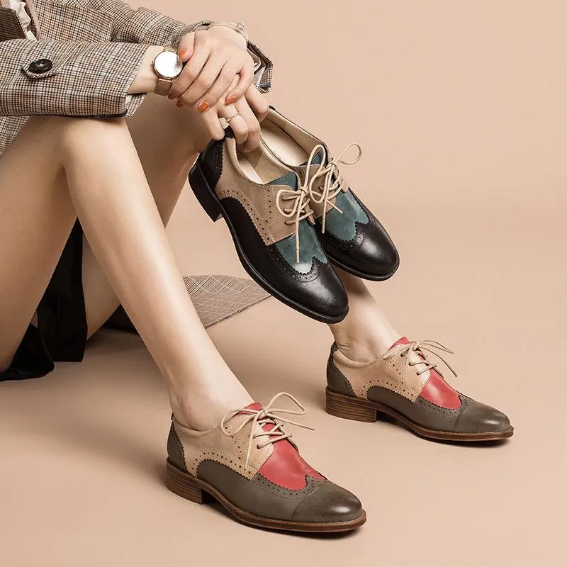 Ellen Degeneres Oxfords Womens Wingtip Shoes Handmade Sheepskin Full Brogues Oxfords & Tie Flats Color Blocking