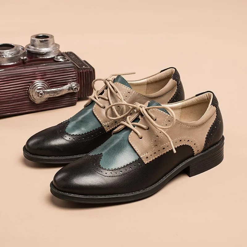 Oxfords Outfit Womens Wingtip Shoes Handmade Sheepskin Full Brogues Oxfords & Tie Flats Color Blocking