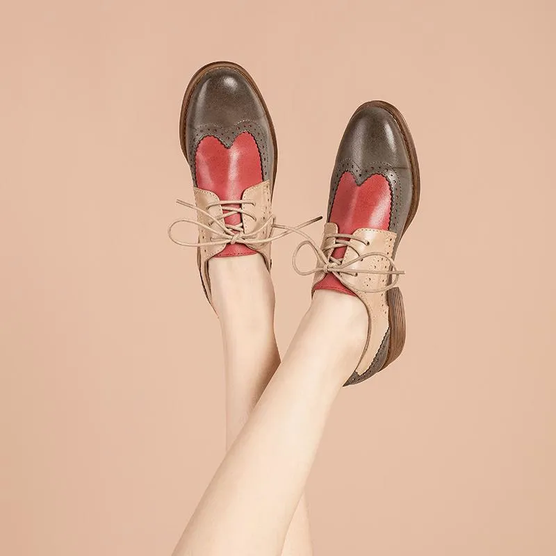 Derby Vs. Oxford Shoes Womens Wingtip Shoes Handmade Sheepskin Full Brogues Oxfords & Tie Flats Color Blocking