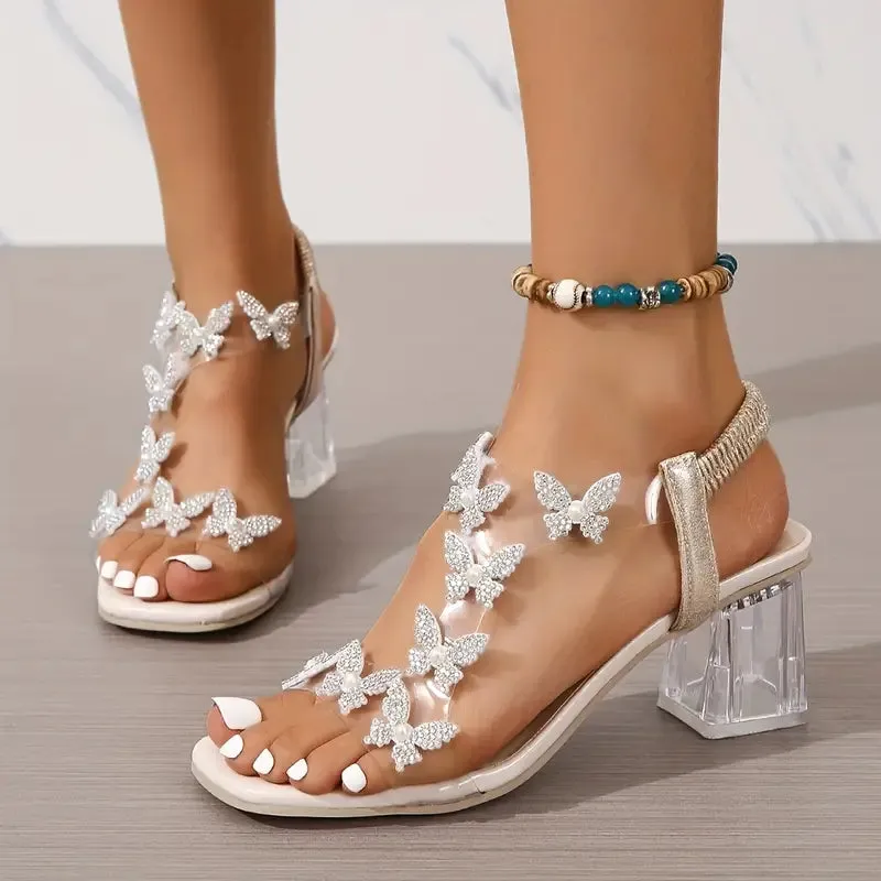 Tan Leather Flip Flops Butterfly Clear Chunky Heels Golden