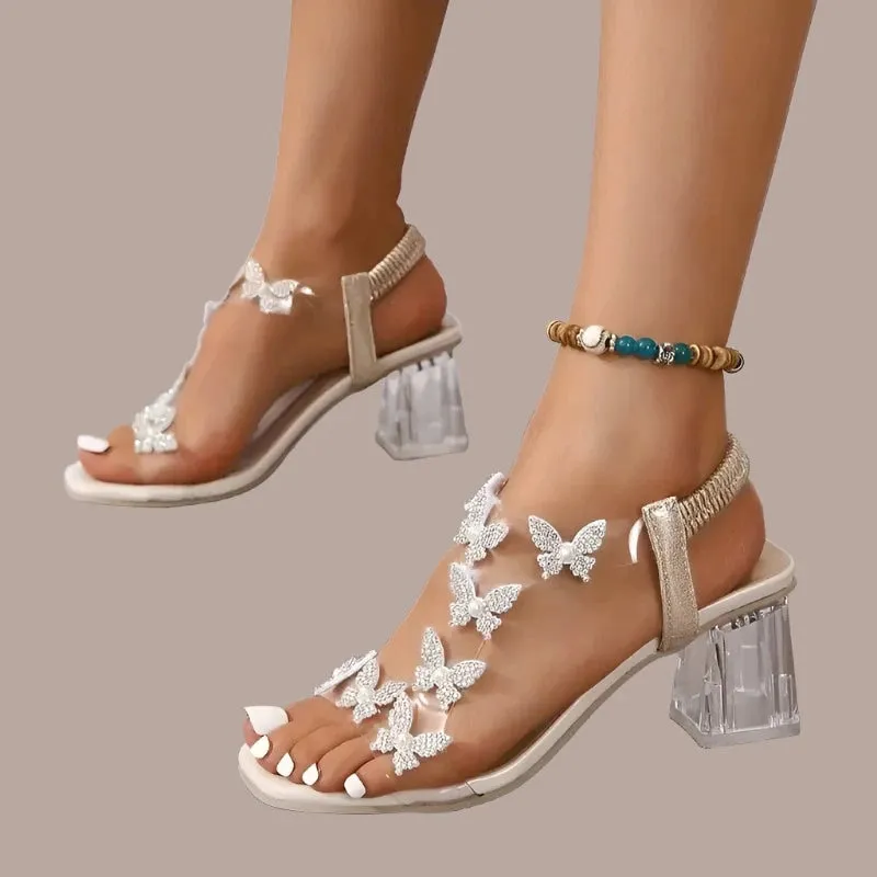Pastel Flip Flops Butterfly Clear Chunky Heels Golden