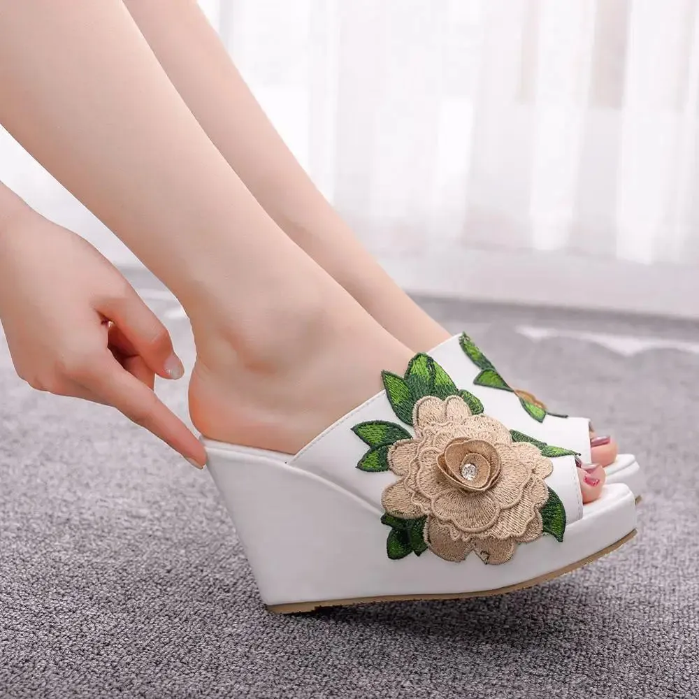 Bridesmaid Slippers Crystal Queen Peep Toe Platform Wedges