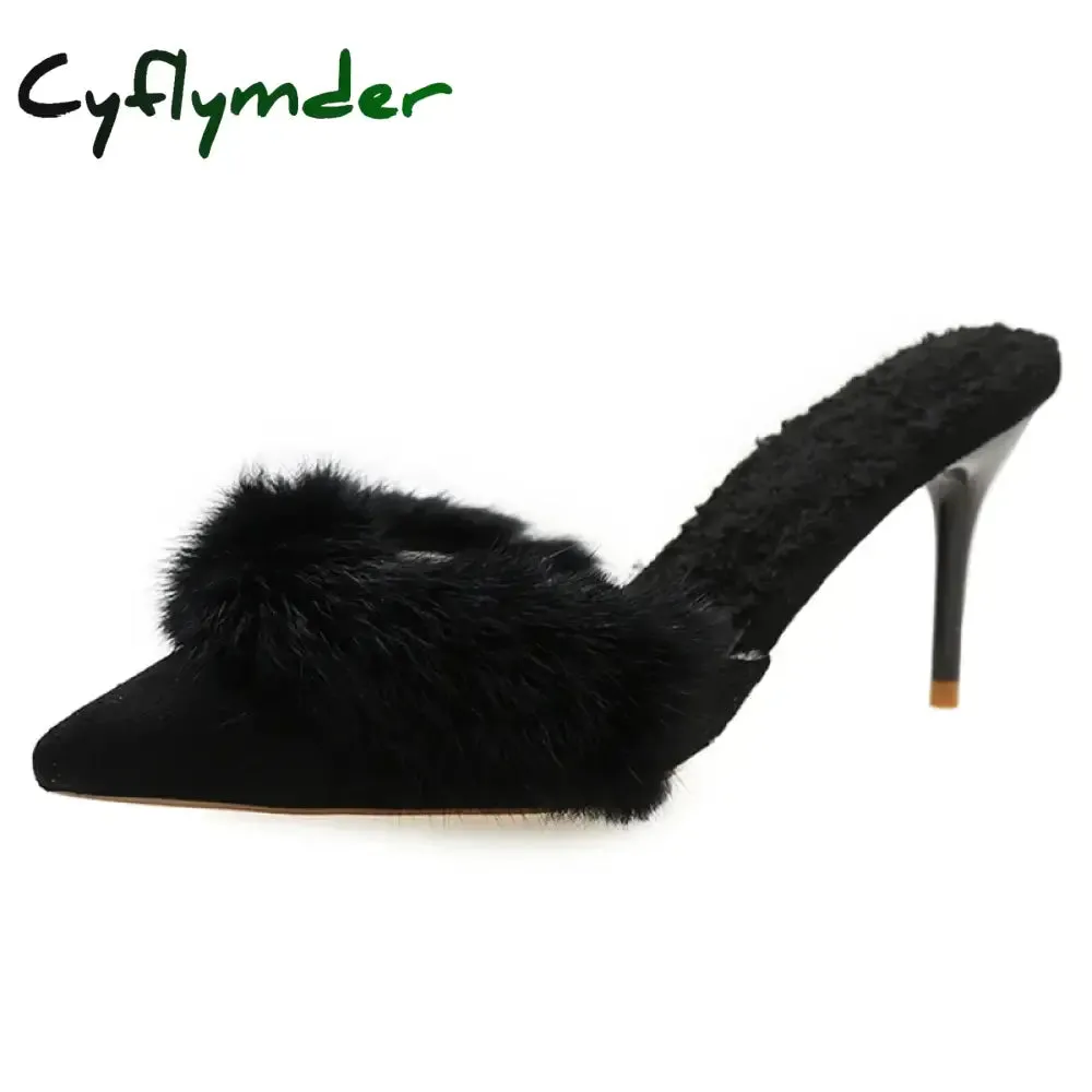 Bonobos Slippers Cyflymder Spring Faux Fur Mules Slippers Women Pointed Toe Slip-On Thin Heels Sandals Woman Short Plush Lined Closed Toe Slides Shoes