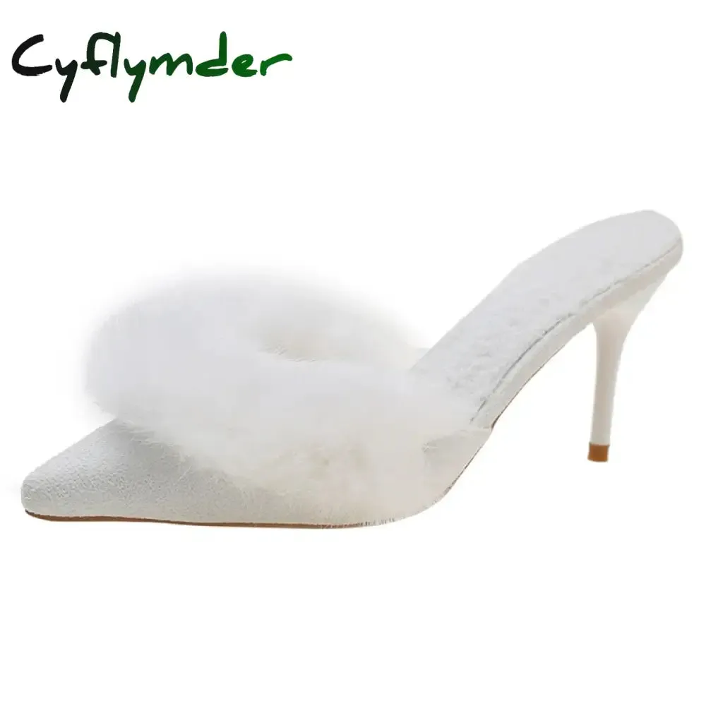 Cyflymder Spring Faux Fur Mules Slippers Women Pointed Toe Slip-On Thin Heels Sandals Woman Short Plush Lined Closed Toe Slides Shoes Build A Bear Slippers