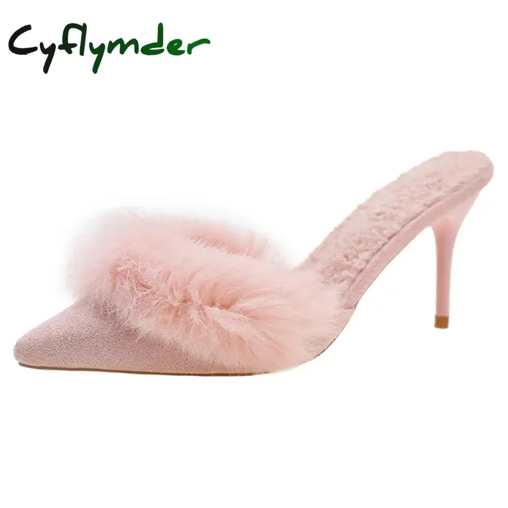 Slippers At Auction Cyflymder Spring Faux Fur Mules Slippers Women Pointed Toe Slip-On Thin Heels Sandals Woman Short Plush Lined Closed Toe Slides Shoes