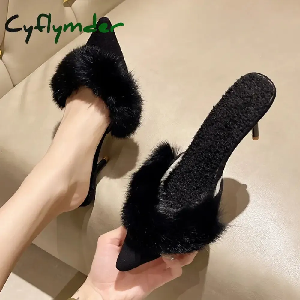 Dance Slippers Cyflymder Spring Faux Fur Mules Slippers Women Pointed Toe Slip-On Thin Heels Sandals Woman Short Plush Lined Closed Toe Slides Shoes