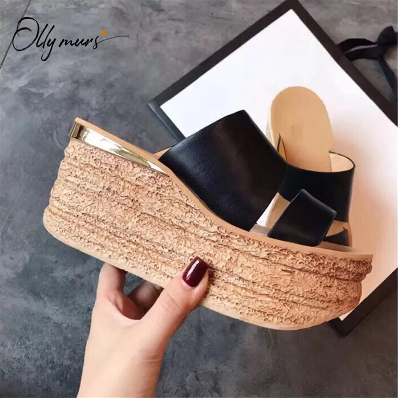 OllyMurs Fashion Summer Genuine Leather Shoes Woman Slippers Peep Toe  Women Wedges Shoes Platform Slippers Mules Shoes Woman Ice Slippers