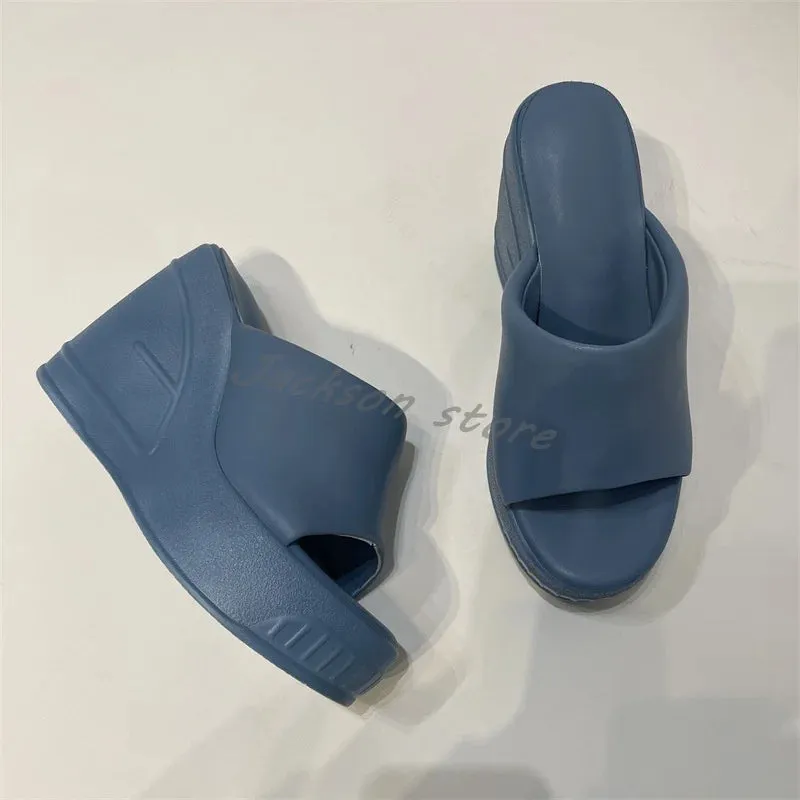 Fashion Wedge Women Slippers Thick Sole One Word Platform Leather High Heel Sandals Suede Sole Slippers