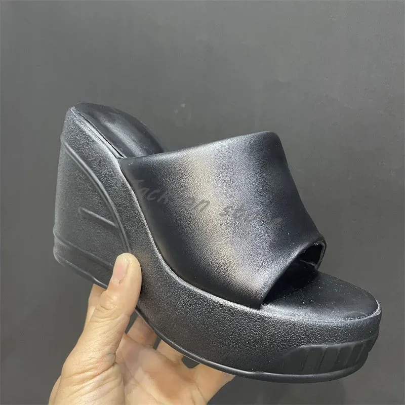 Slides Modesto Fashion Wedge Women Slippers Thick Sole One Word Platform Leather High Heel Sandals