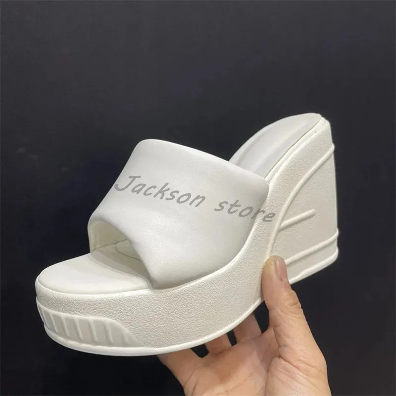 Easy Slides Fashion Wedge Women Slippers Thick Sole One Word Platform Leather High Heel Sandals