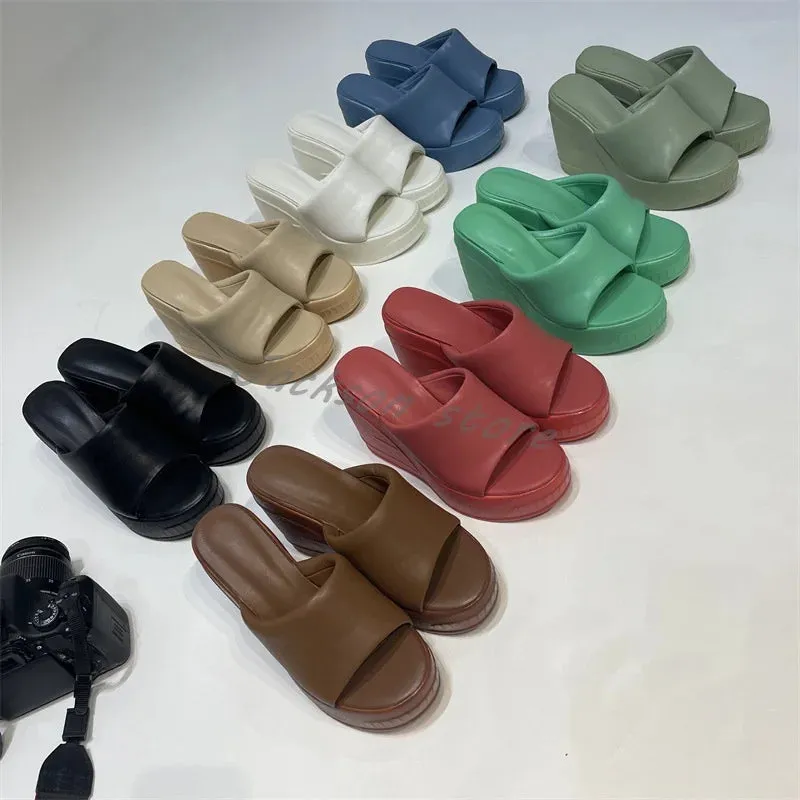 Beaded Slippers Fashion Wedge Women Slippers Thick Sole One Word Platform Leather High Heel Sandals
