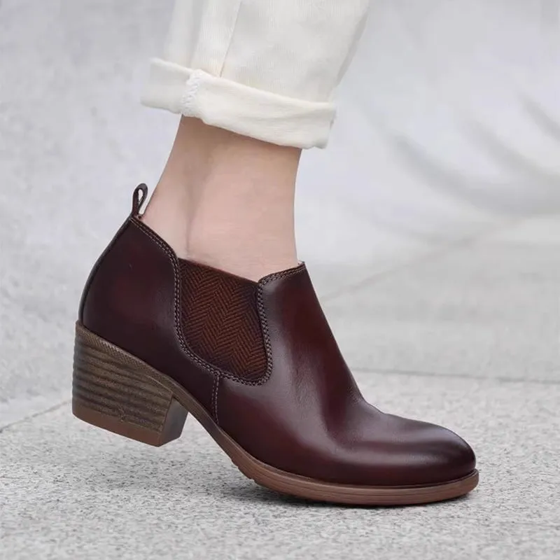 Women's Leather Booties Round Toe Double Band Ankle Boots Handmade in Red/Coffee Soge Oxford