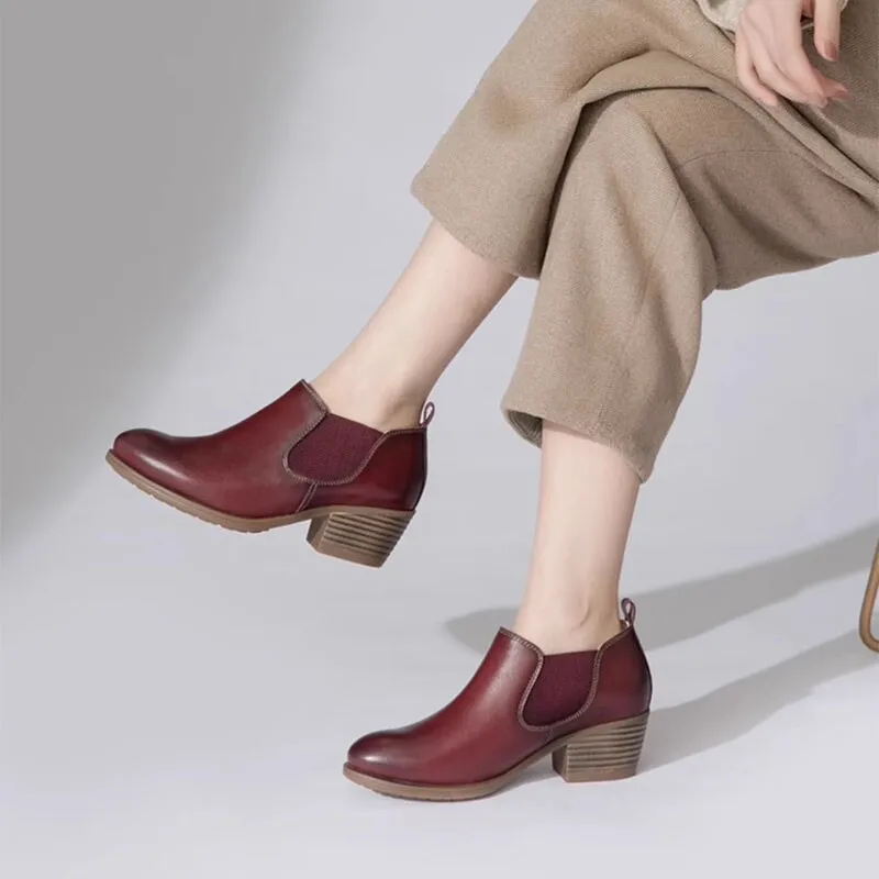 Women's Leather Booties Round Toe Double Band Ankle Boots Handmade in Red/Coffee Suit With Oxfords