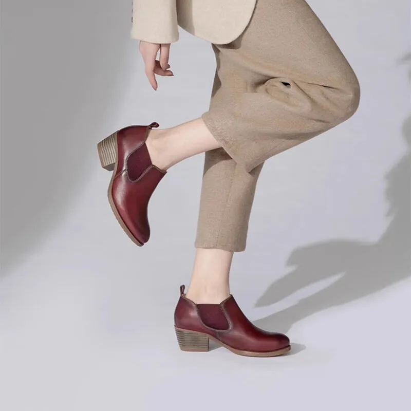 Women's Leather Booties Round Toe Double Band Ankle Boots Handmade in Red/Coffee Florsheim Oxford