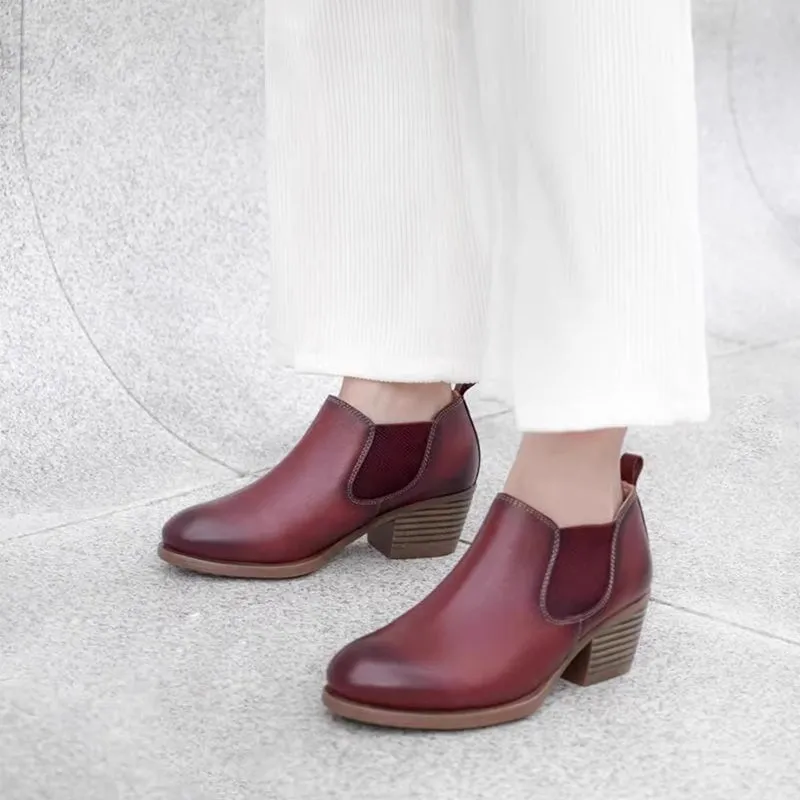 Oxfords Platform 8053 Women's Leather Booties Round Toe Double Band Ankle Boots Handmade in Red/Coffee