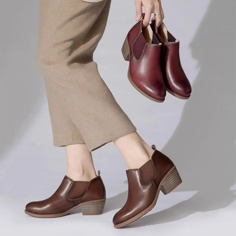 Women's Leather Booties Round Toe Double Band Ankle Boots Handmade in Red/Coffee The Brace Stretch Oxford