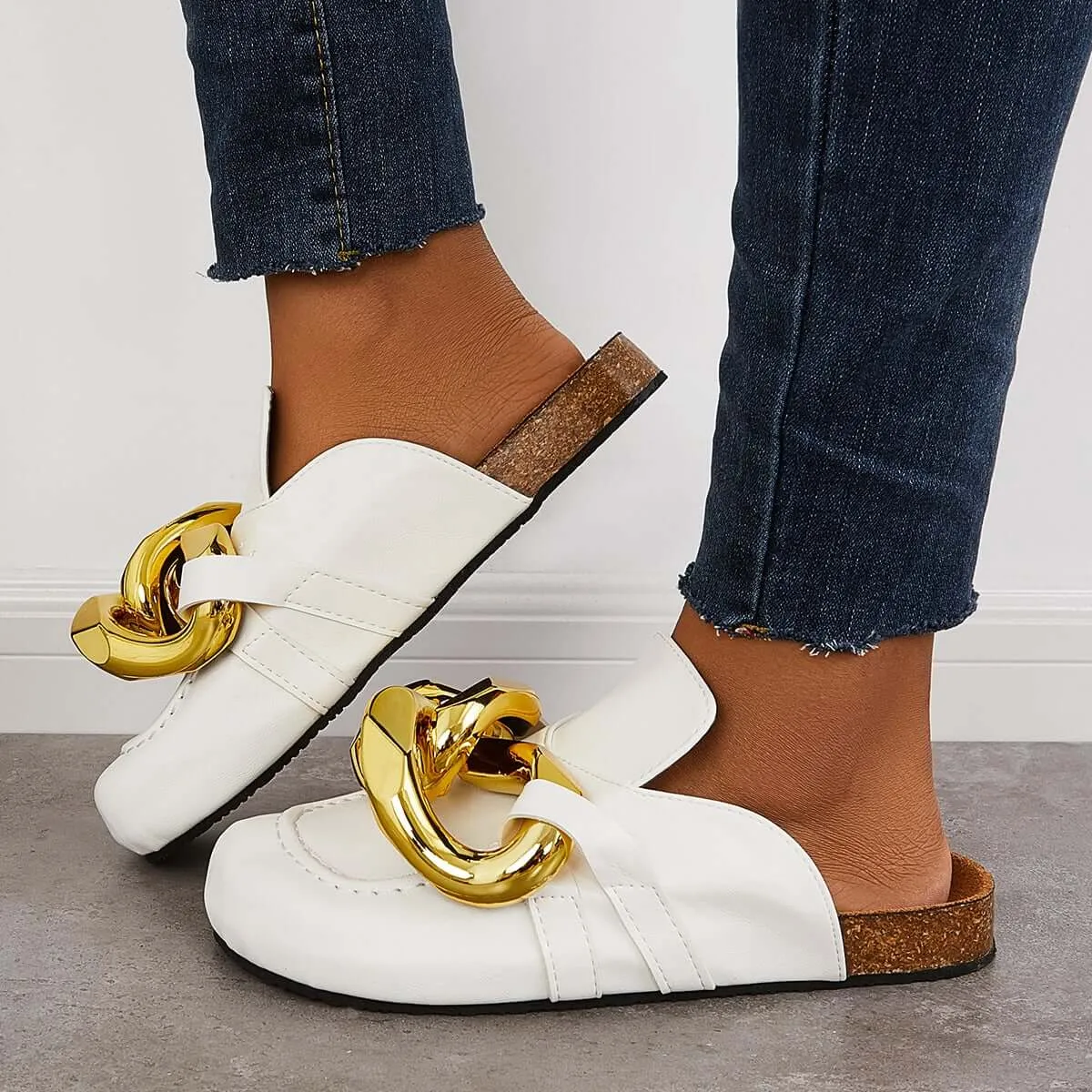 Kimemoda Flat Slip-on Backless Mule Slide Metal Chain Slippers Plush Sneaker Slippers