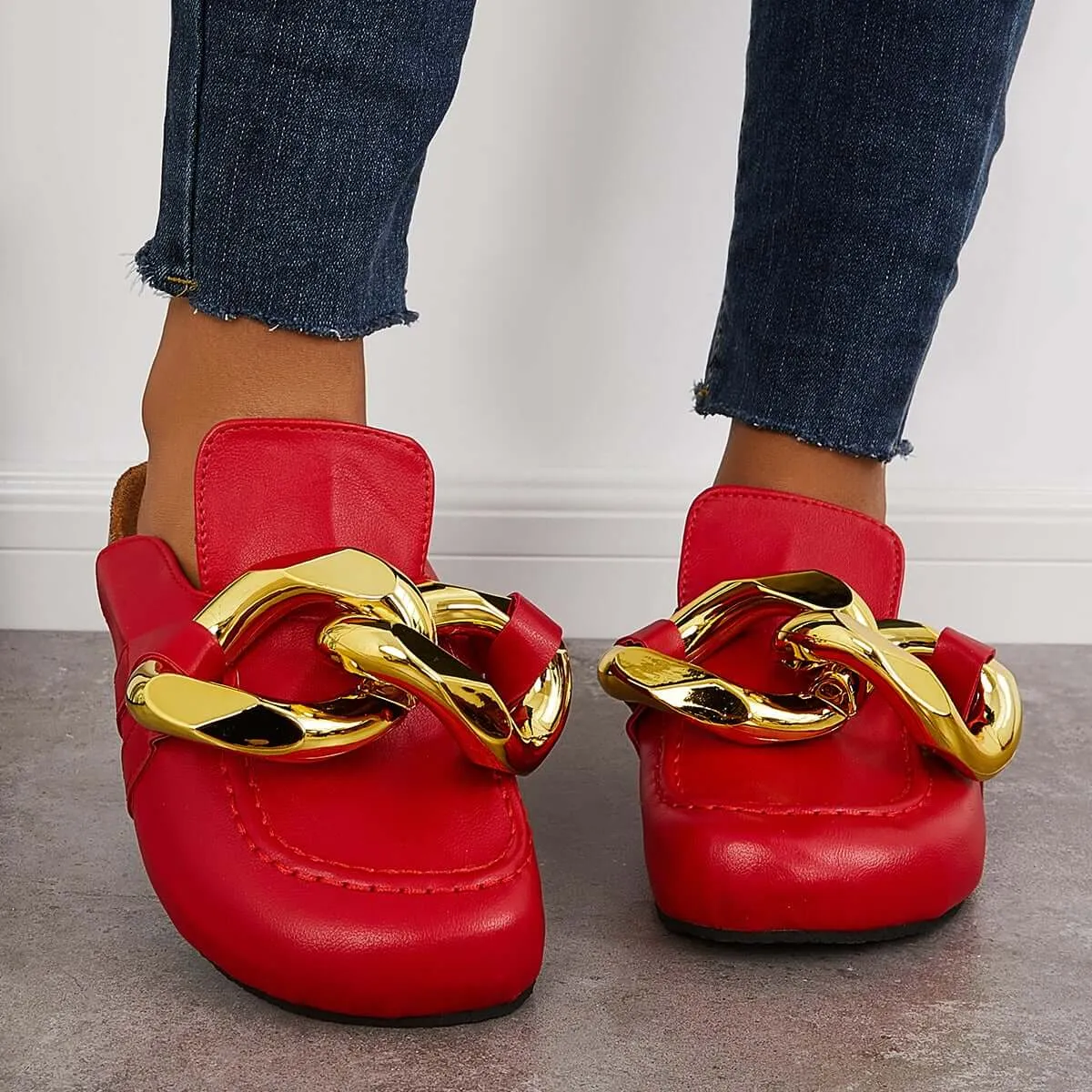 Slippers With Good Support Kimemoda Flat Slip-on Backless Mule Slide Metal Chain Slippers