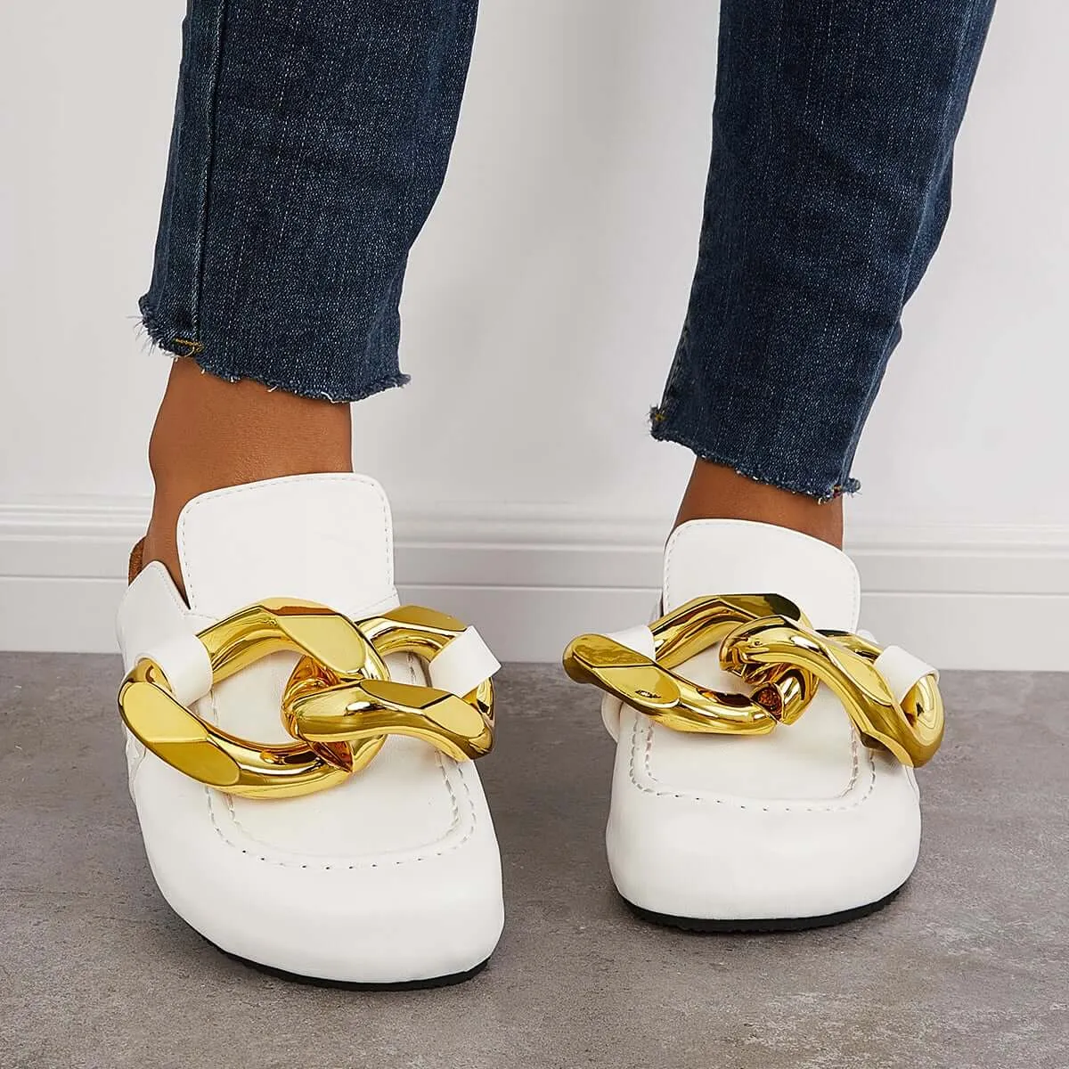 Kimemoda Flat Slip-on Backless Mule Slide Metal Chain Slippers Happy Feet Slippers