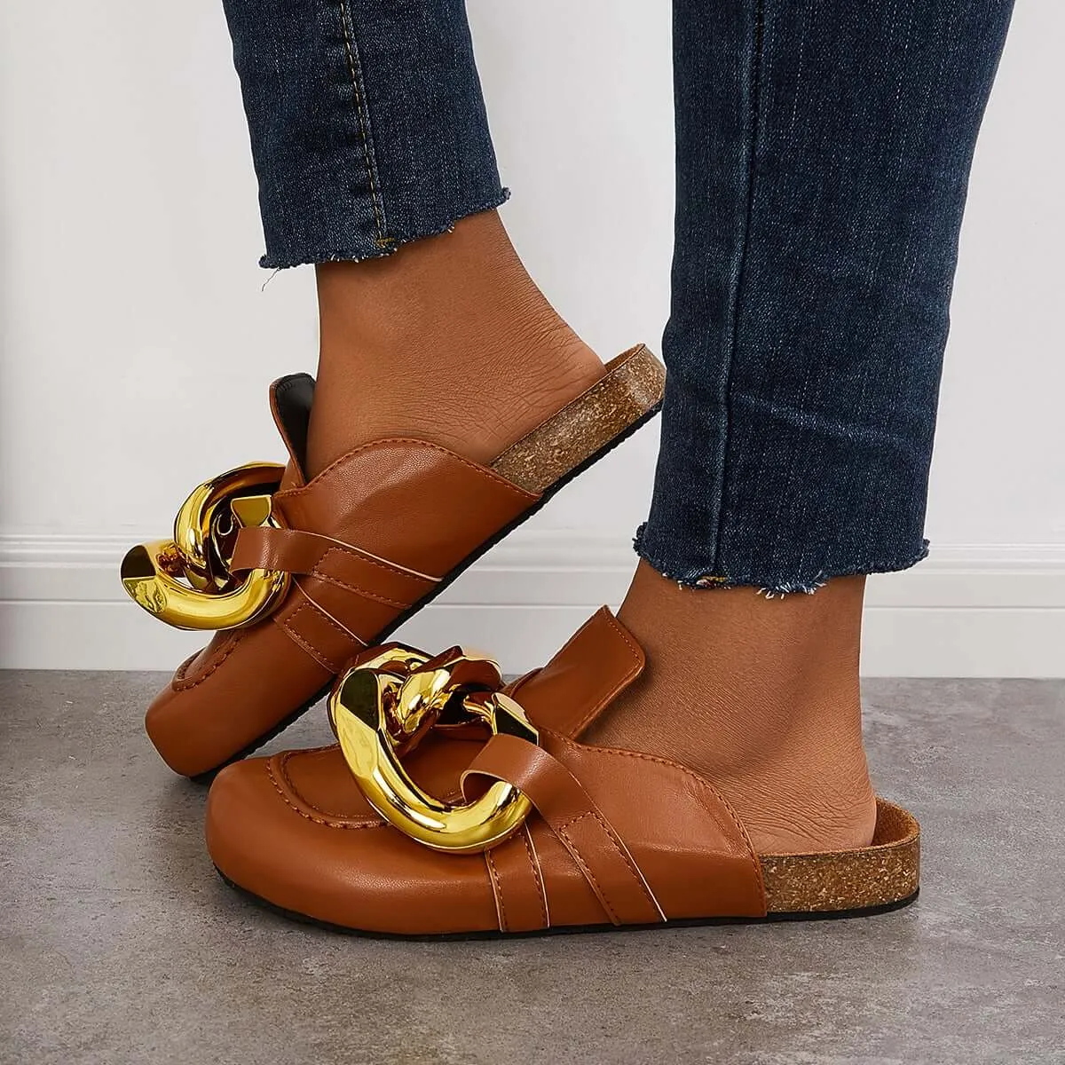 Kimemoda Flat Slip-on Backless Mule Slide Metal Chain Slippers Fluffy Slippers